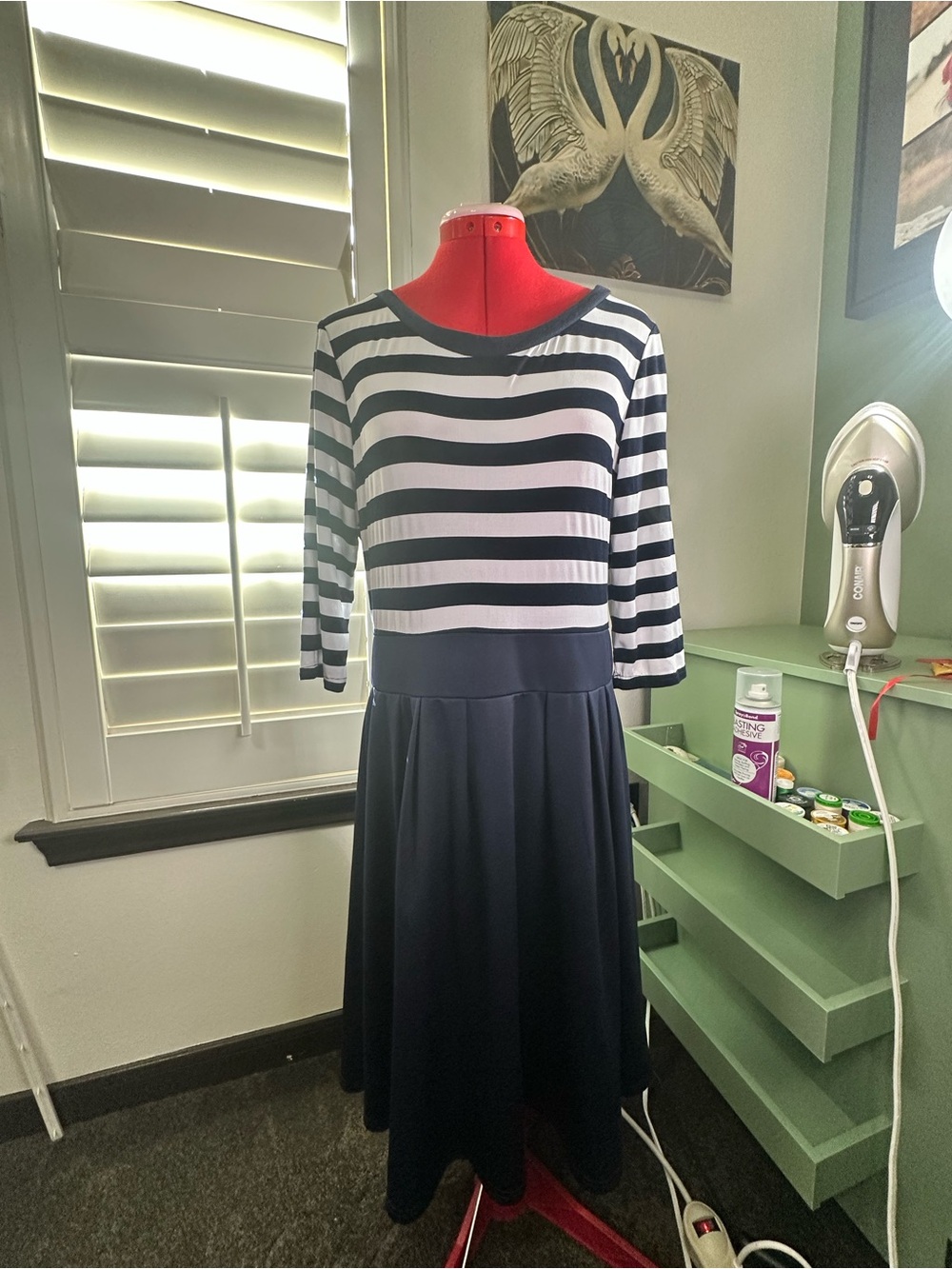 Navy and White Striped Midi Dress with Flared Skirt